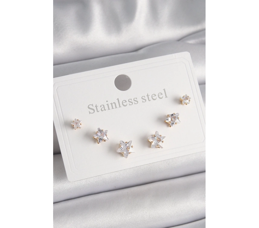 316L Çelik Gold Renk Zirkon Taşlı Yıldız Model Kadın Küpe Seti