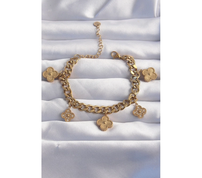 316L Çelik Gold Renk Zirkon Taşlı Yonca Model Bileklik