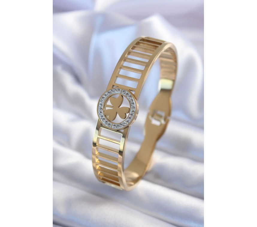 316L Çelik Gold Renk Zirkon Taşlı Yonca Model Kadın Kelepçe