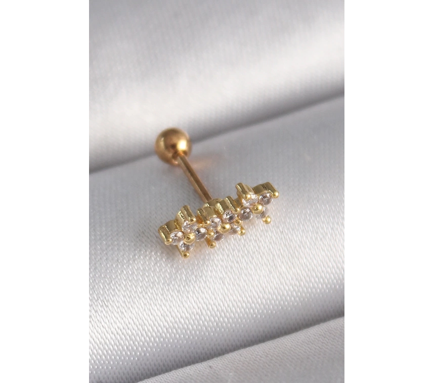 316L Çelik Gold Renk Zirkon Taşlı Yonca Tragus Piercing