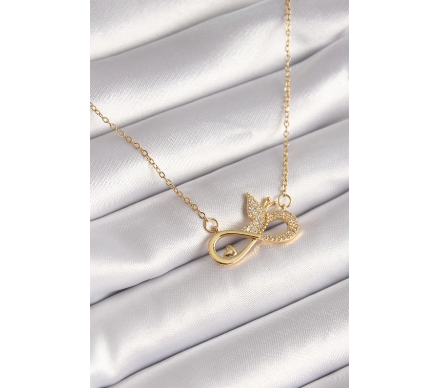 316L Çelik Gold Renk Zirkon Zincir Taşı Sonsuzluk Kelebek Model Kadın Kolye