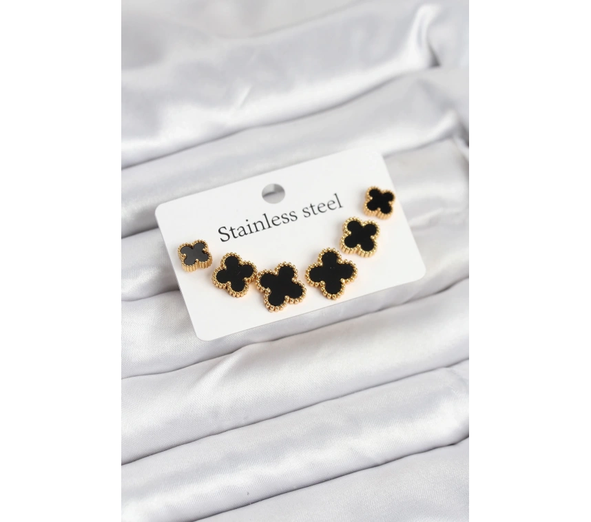 316L Çelik Gold Siyah Renk 3 Boy Yonca Küpe Seti