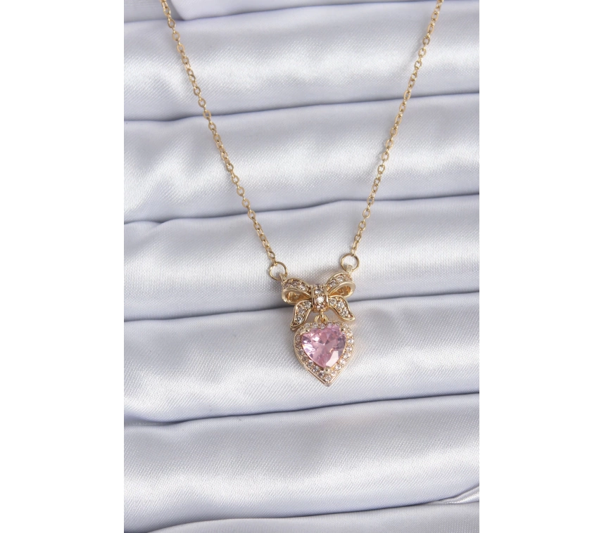 316L Çelik Gold Zincir Pembe Kristal Kalp Model Zirkon Taşlı Kurdele Model Kadın Kolye