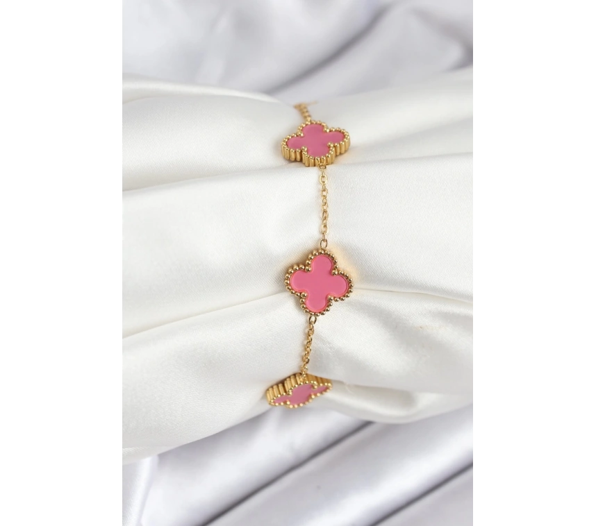 316L Çelik Gold Zincir Pembe Yonca Renk Bileklik