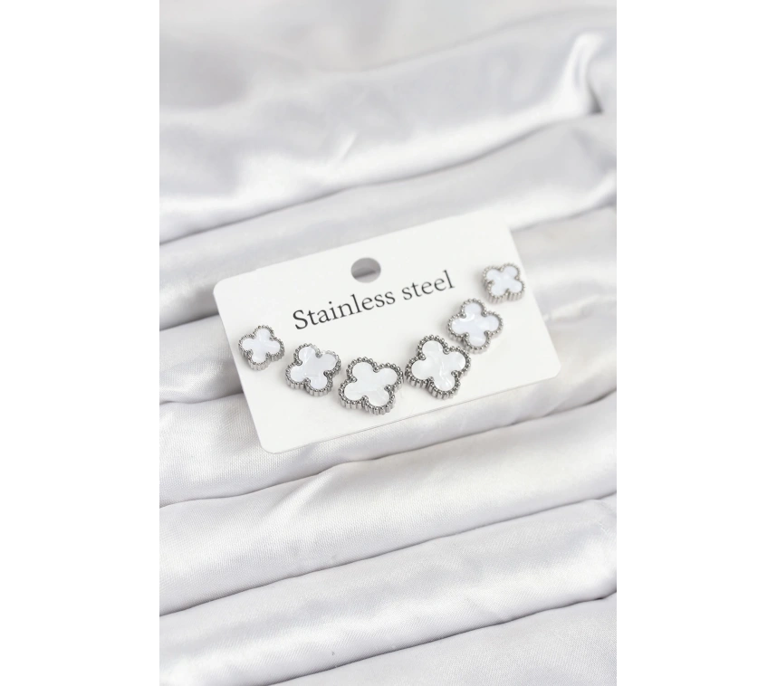 316L Çelik Gümüş Beyaz Renk 3 Boy Yonca Küpe Seti