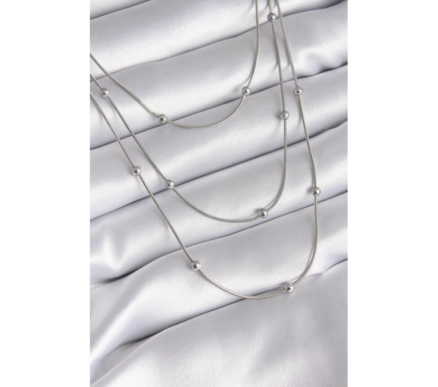 316L Çelik Gümüş Renk 3lü Topçuk Detay Kadın Kolye