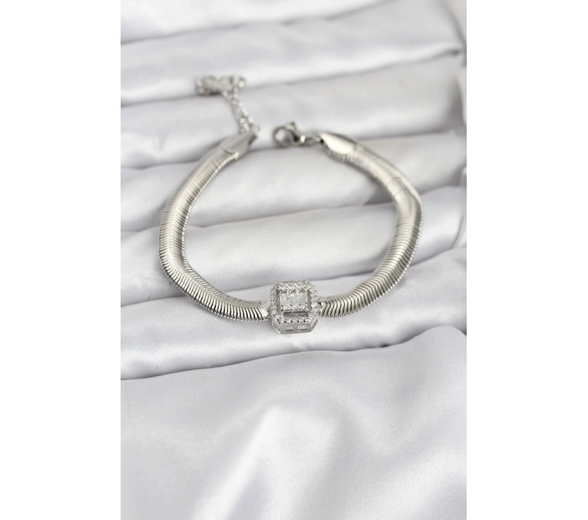 316L Çelik Gümüş Renk Baget Zirkon Taşlı Yılan Zincirli Kadın Bileklik