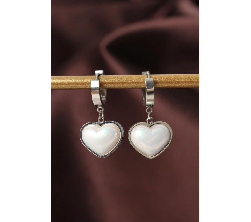 316L Çelik Gümüş Renk Beyaz Bombeli Kalp Küpe