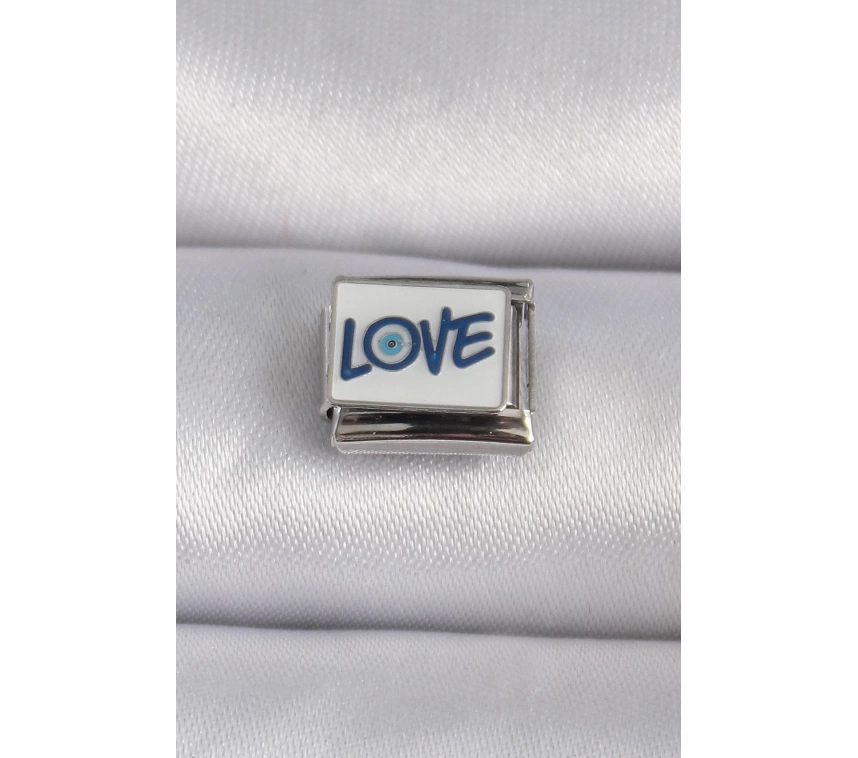 316L Çelik Gümüş Renk Beyaz Mavi Love Yaz İşlemeli Nomination Charm
