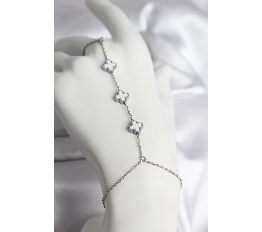 316L Çelik Gümüş Renk Beyaz Yonca Model Kadın Şahmeran