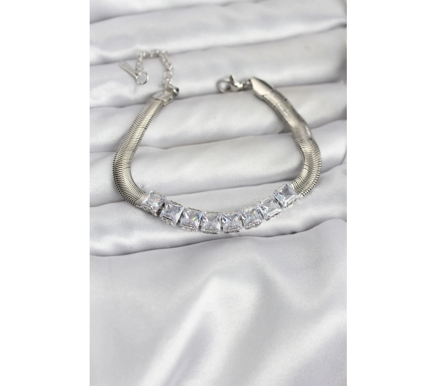 316L Çelik Gümüş Renk Kare Zirkon Taşlı Yılan Zincirli Kadın Bileklik