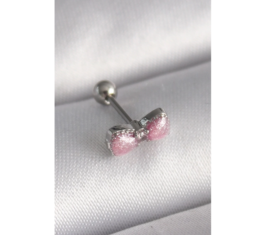 316L Çelik Gümüş Renk Pembe Kurdele Zirkon Taş Detay Tragus Piercing