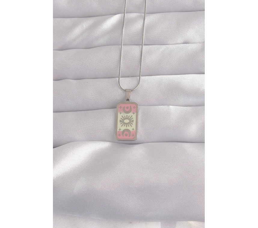 316L Çelik Gümüş Renk Pembe Mineli Ay Figür Tarot Kolye
