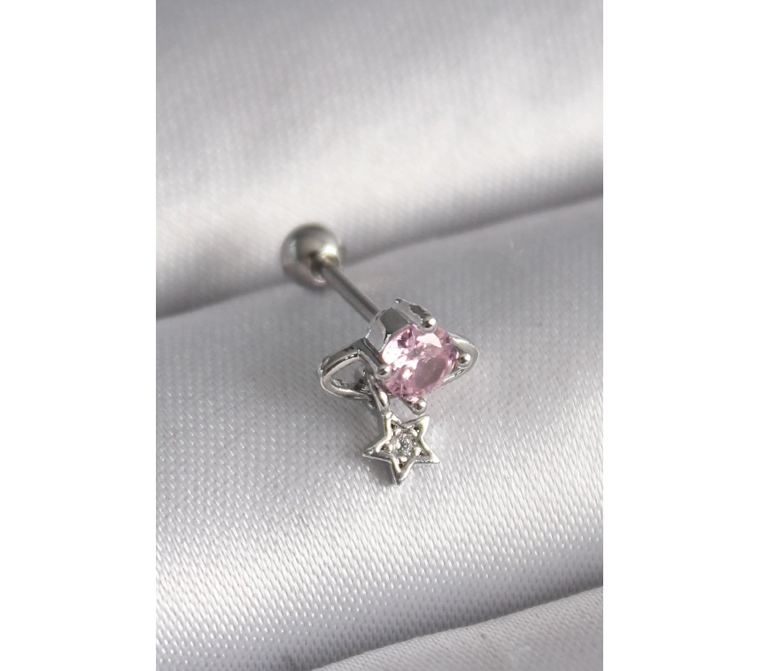 316L Çelik Gümüş Renk Pembe Zirkon Taşlı Sallantı Yıldız Detay Tragus Piercing