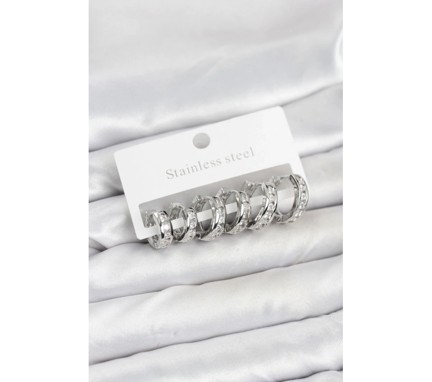 316L Çelik Gümüş Renk Su Yolu Halka Küpe Seti