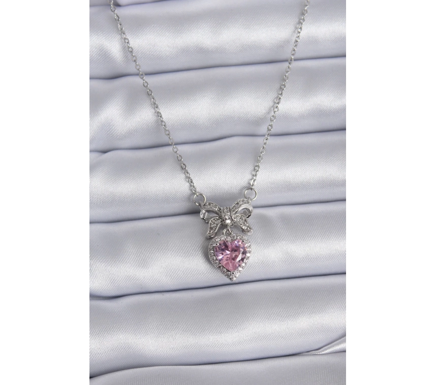 316L Çelik Gümüş Renk Zincir Pembe Kristal Kalp Zirkon Taşlı Kurdele Model Kadın Kolye