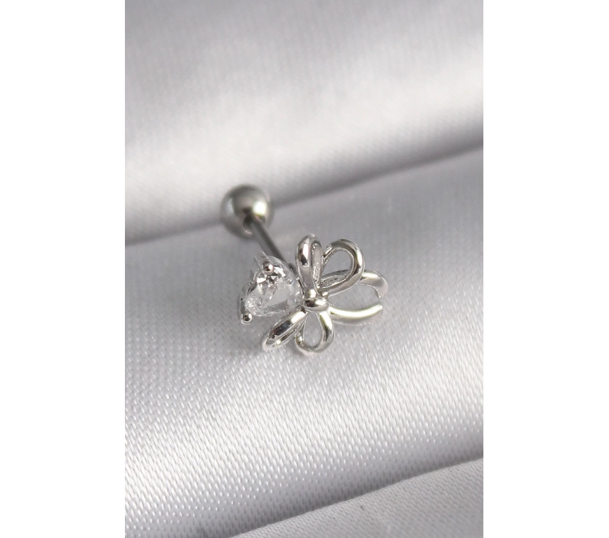 316L Çelik Gümüş Renk Zirkon Taş Detay Kurdele Model Tragus Piercing
