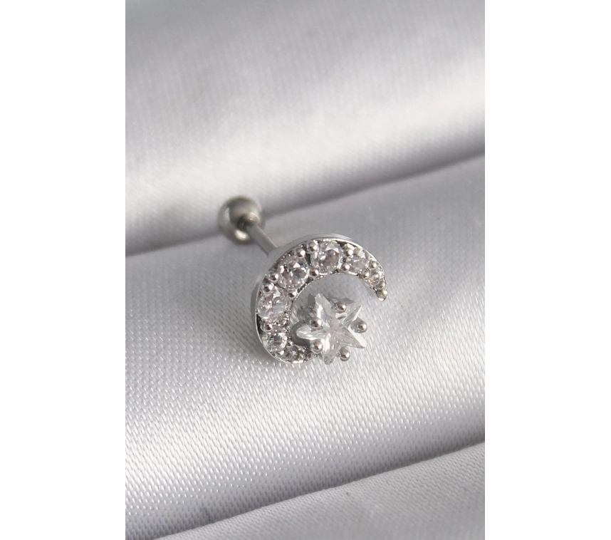316L Çelik Gümüş Renk Zirkon Taşlı Ay Yıldız Tragus Piercing