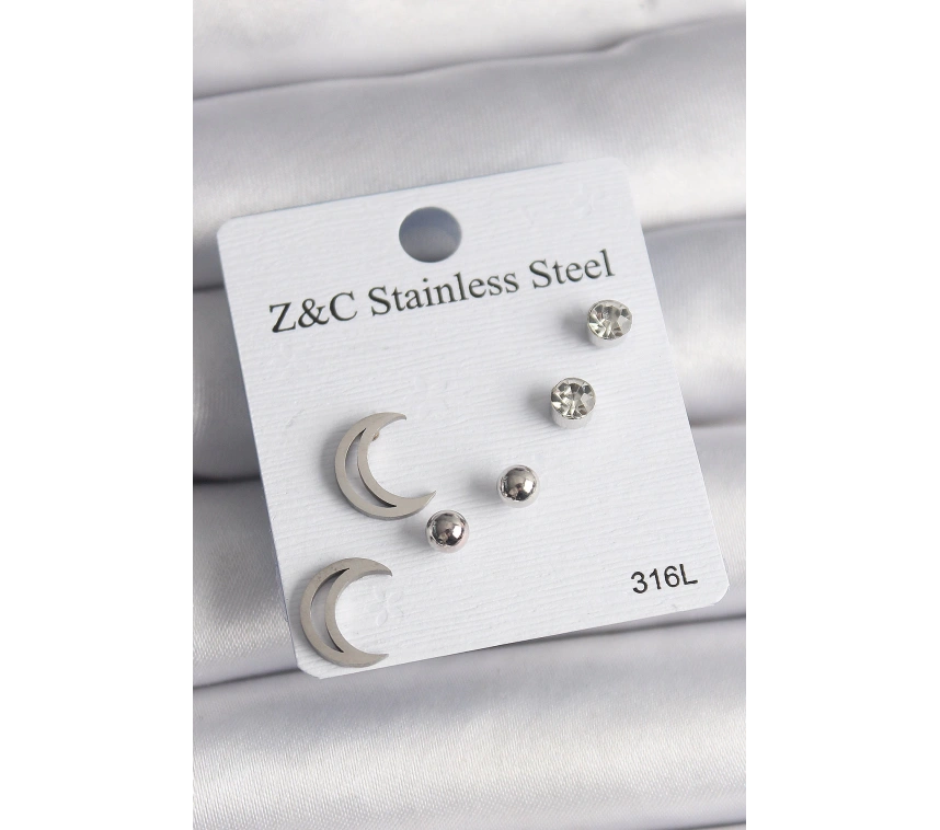 316L Çelik Gümüş Renk Zirkon Taşlı Hilal Model Kadın Küpe Seti