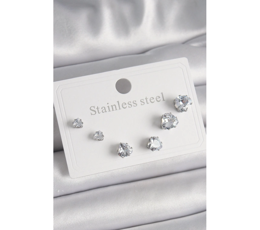 316L Çelik Gümüş Renk Zirkon Taşlı Kalp Model Kadın Küpe Seti