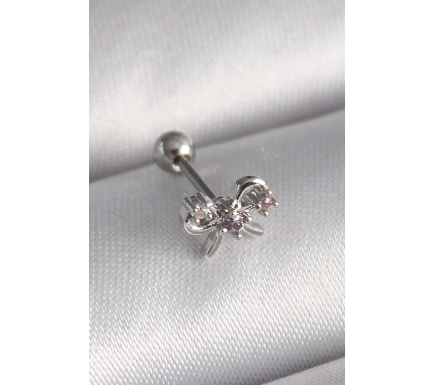 316L Çelik Gümüş Renk Zirkon Taşlı Kurdele Tragus Piercing