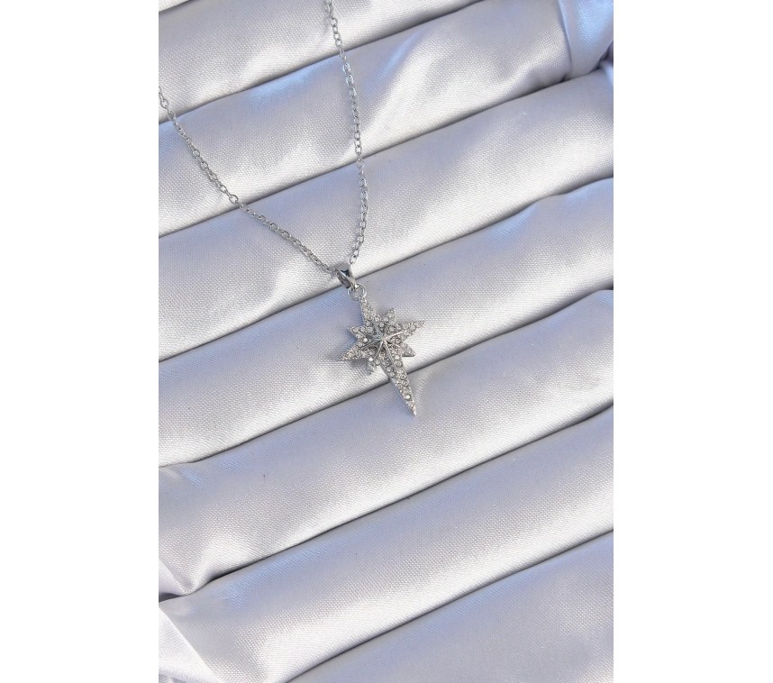 316L Çelik Gümüş Renk Zirkon Taşlı Kutup Yıldızı Model Kolye