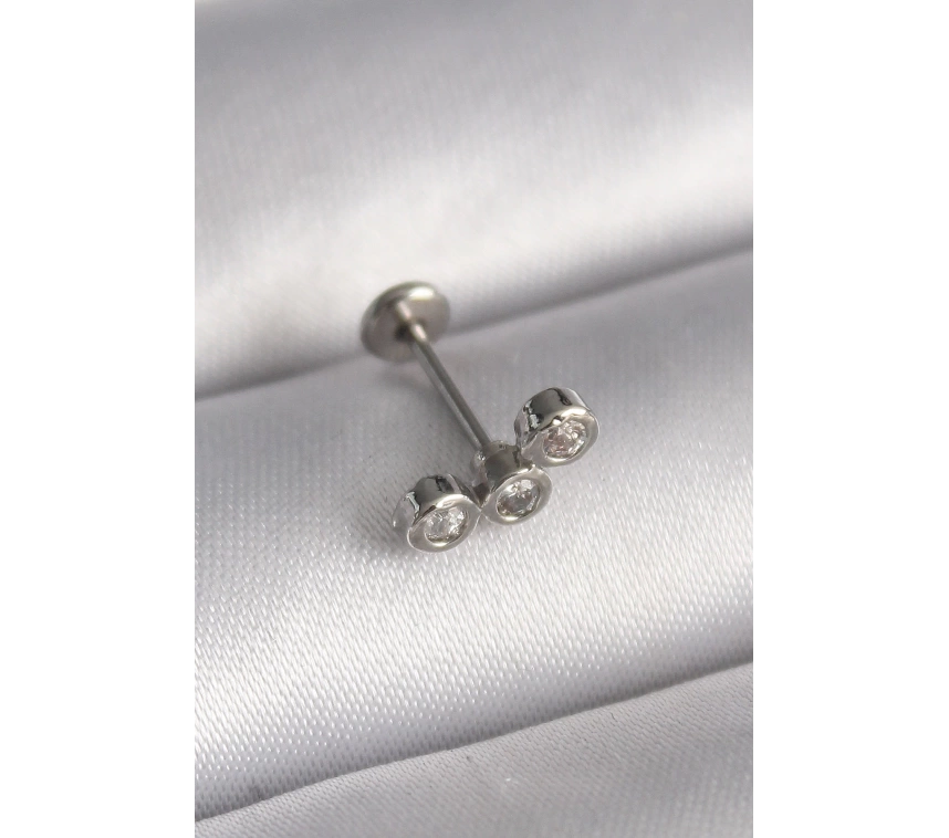 316L Çelik Gümüş Renk Zirkon Taşlı Tragus Piercing