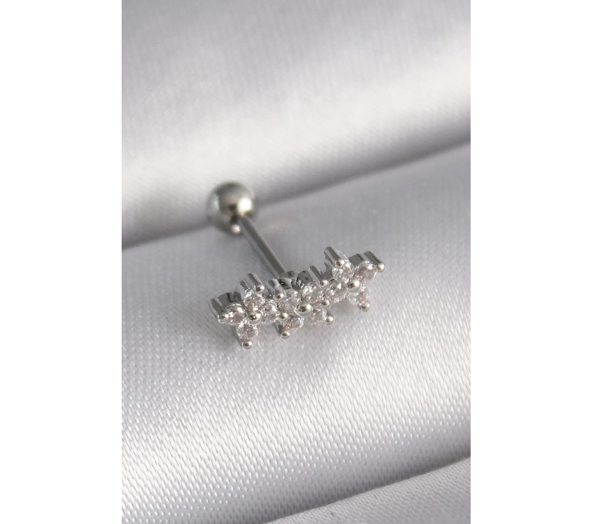 316L Çelik Gümüş Renk Zirkon Taşlı Yonca Tragus Piercing