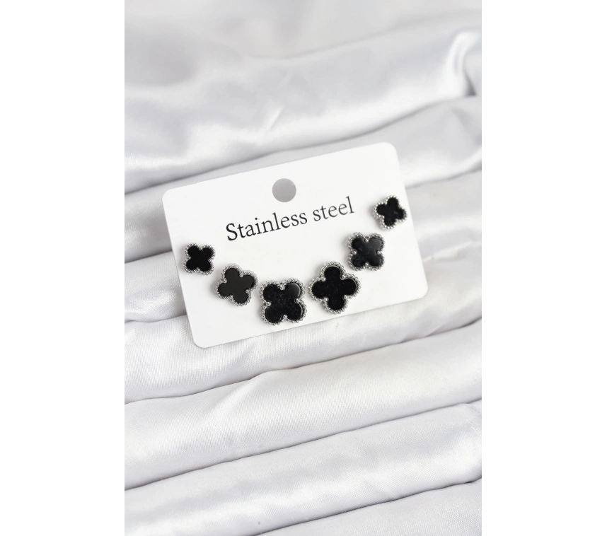 316L Çelik Gümüş Siyah Renk 3 Boy Yonca Küpe Seti