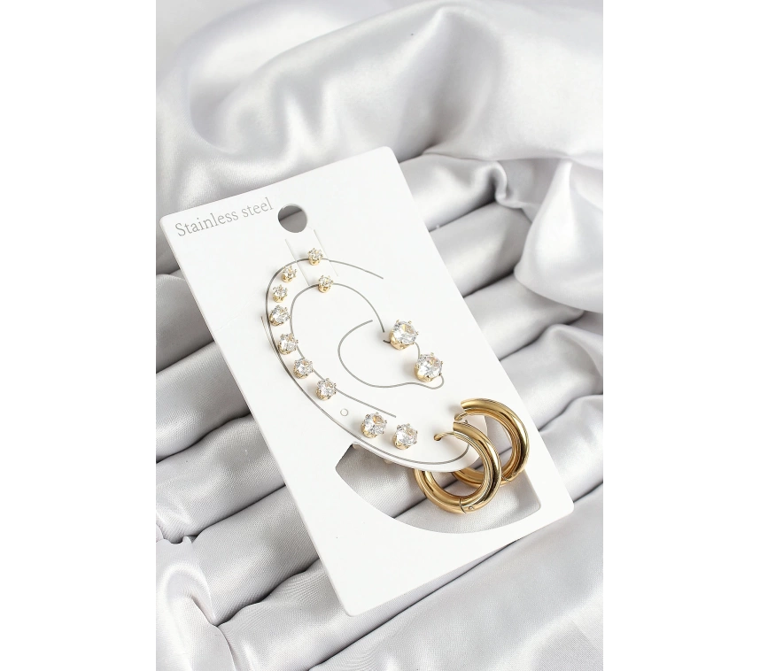 316L Çelik Halka Figürlü Ve Zirkon Taşlı Gold Renk 7li Çift Kadın Küpe Set