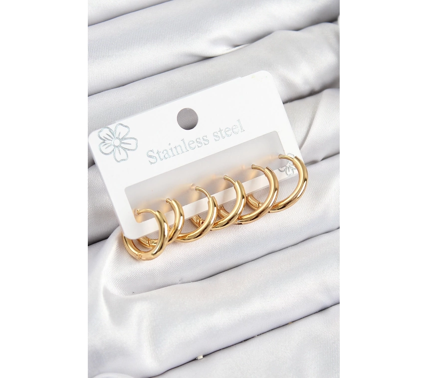 316L Çelik Halka Model Gold Renk 3lü Set Kadın Küpe