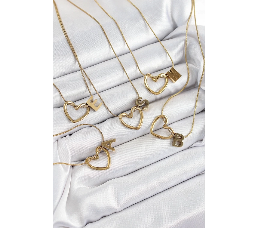 316L Çelik Kalp Detaylı Gold Renk Harf Kolye 24lü Paket Kolye