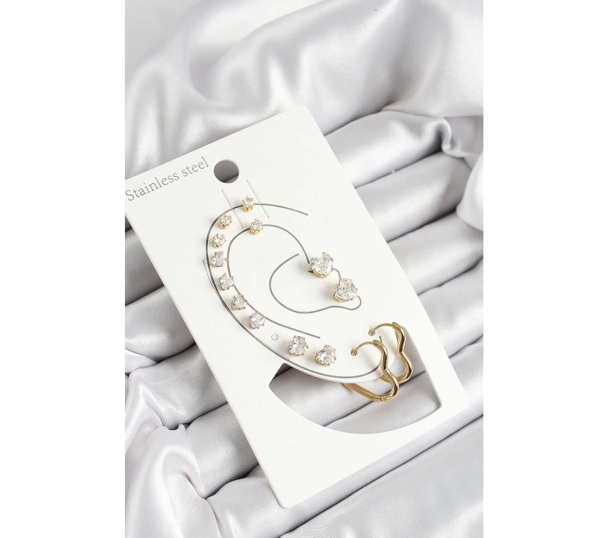 316L Çelik Kalp Figürlü Ve Zirkon Taşlı Gold Renk 7li Çift Kadın Küpe Set