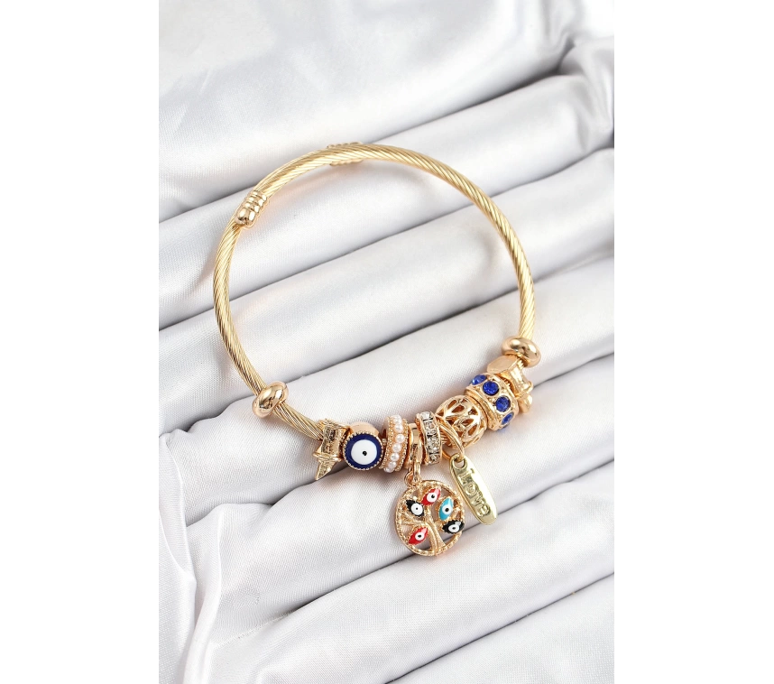 316L Çelik Lacivert Nazarlı Zirkon Taşlı İnci Detaylı Hayat Ağacı Model Gold Renk Charm Bileklik