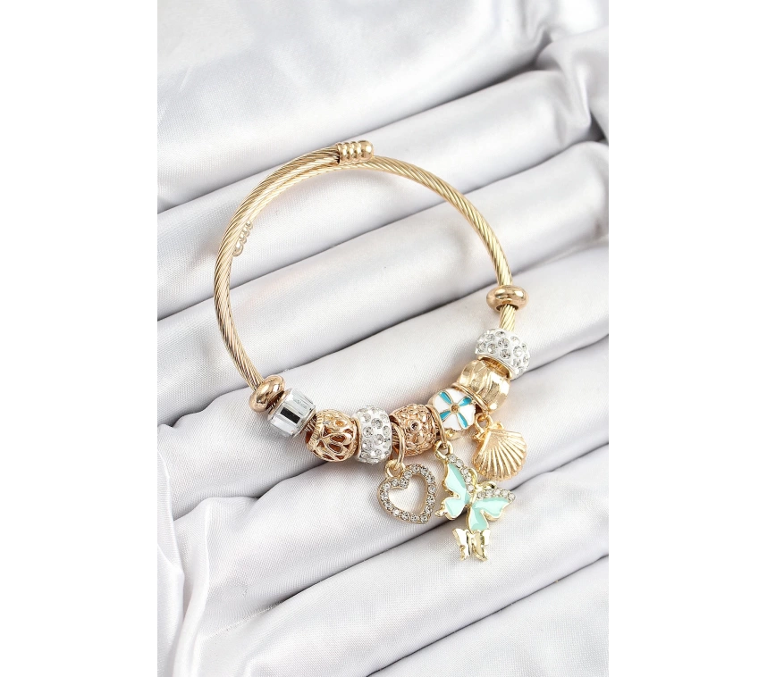 316L Çelik Mavi Zirkon Taşlı Kalp Kelebek Ve İstiridye Model Gold Renk Charm Bileklik