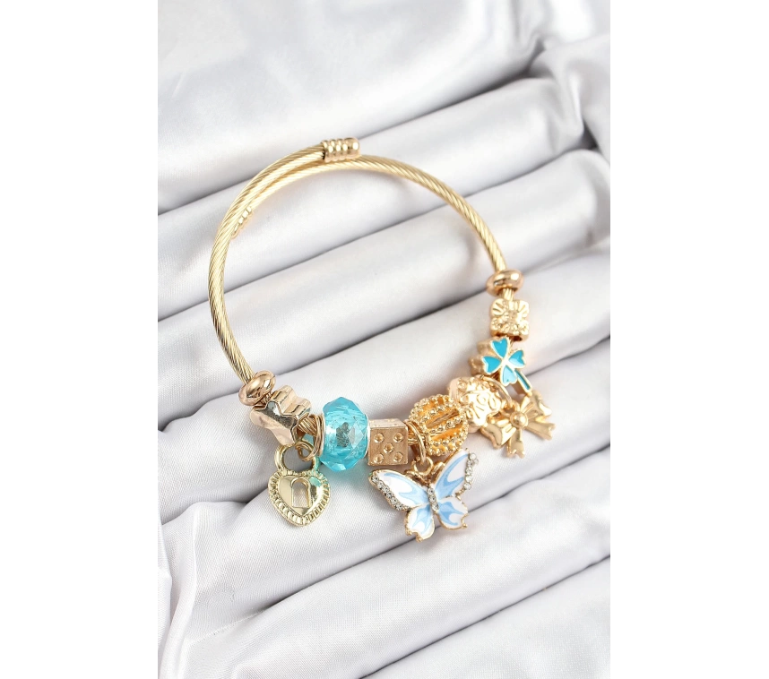 316L Çelik Mavi Zirkon Taşlı Kelebek Fiyonk Ve Kilit Model Gold Renk Charm Bileklik