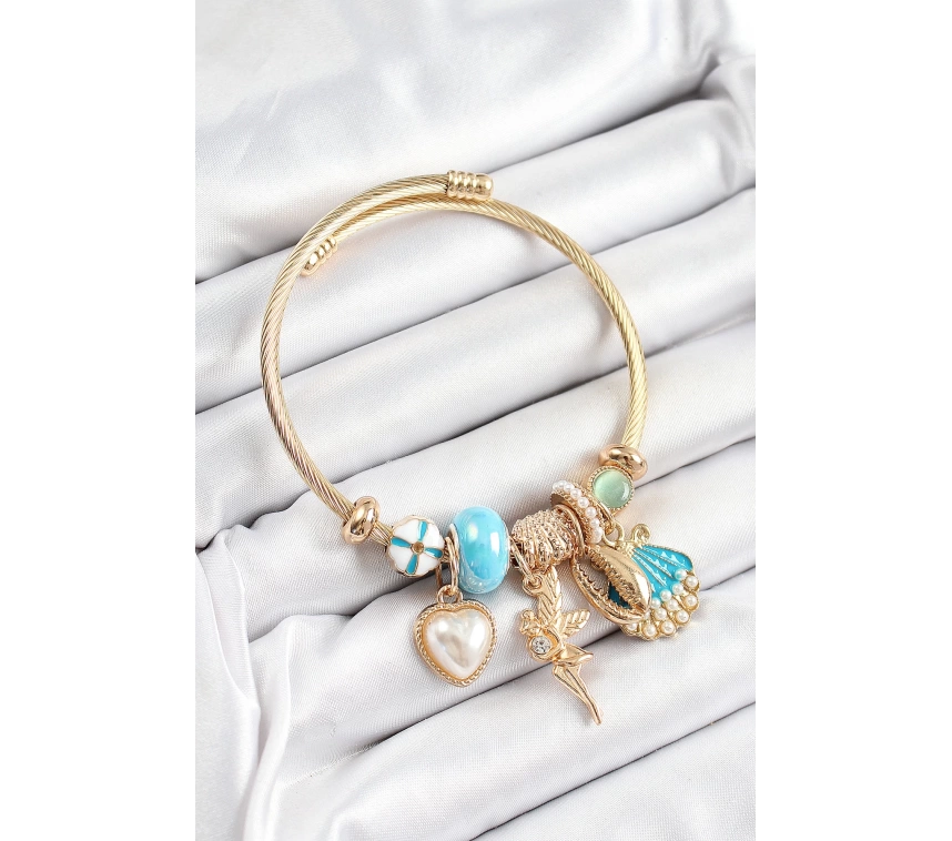 316L Çelik Mavi Zirkon Taşlı Yıldız Melek İstiridye Ve Kalp Model Gold Renk Charm Bileklik