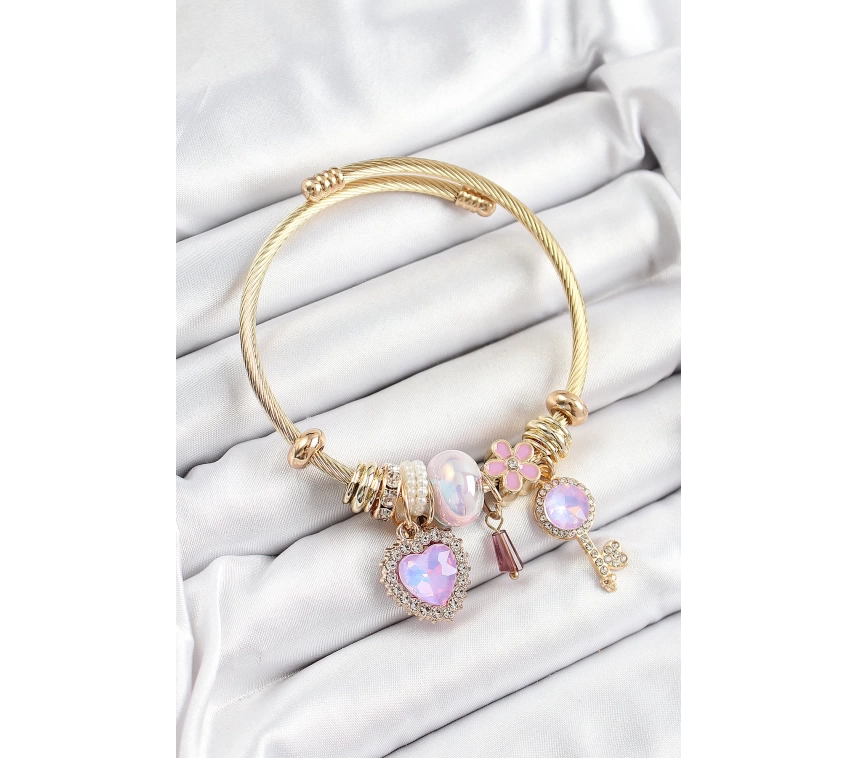 316L Çelik Mor Zirkon Taşlı Anahtar Ve Kalp Model Gold Renk Charm Bileklik