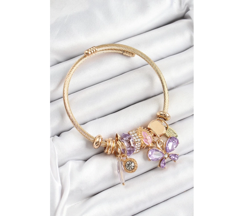 316L Çelik Mor Zirkon Taşlı Kelebek Model Gold Renk Charm Bileklik