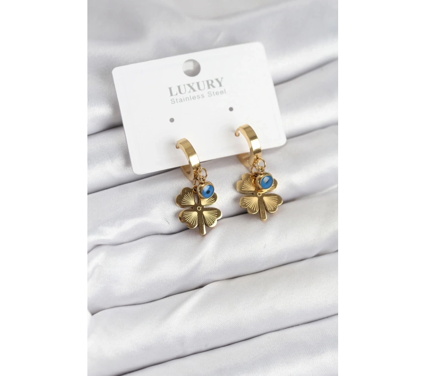 316L Çelik Nazarlı Yonca Model Kadın Küpe