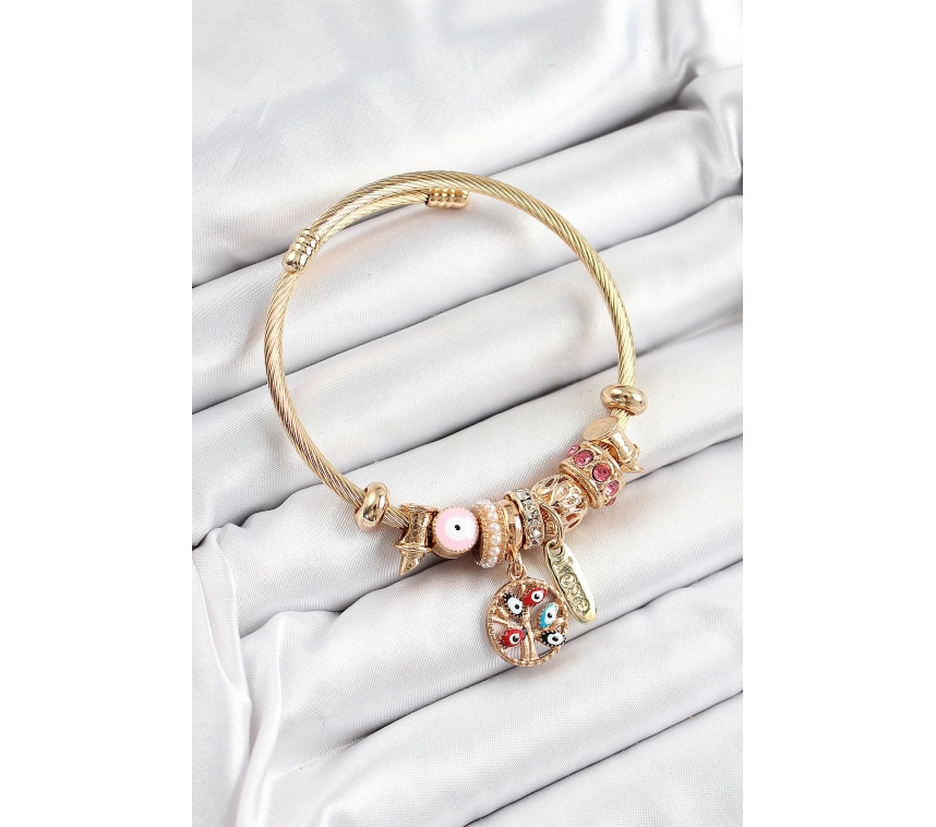 316L Çelik Pembe Nazarlı Zirkon Taşlı İnci Detaylı Hayat Ağacı Model Gold Renk Charm Bileklik