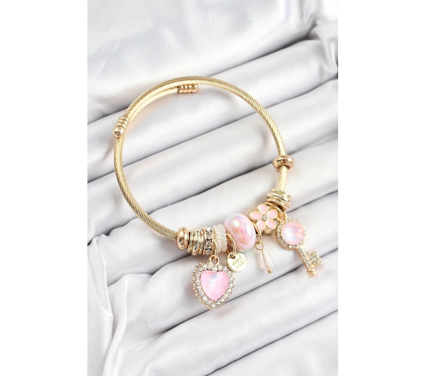 316L Çelik Pembe Zirkon Taşlı Anahtar Ve Kalp Model Gold Renk Charm Bileklik