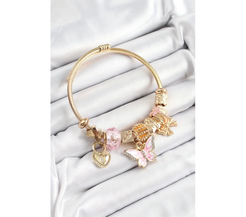 316L Çelik Pembe Zirkon Taşlı Kelebek Fiyonk Ve Kilit Model Gold Renk Charm Bileklik