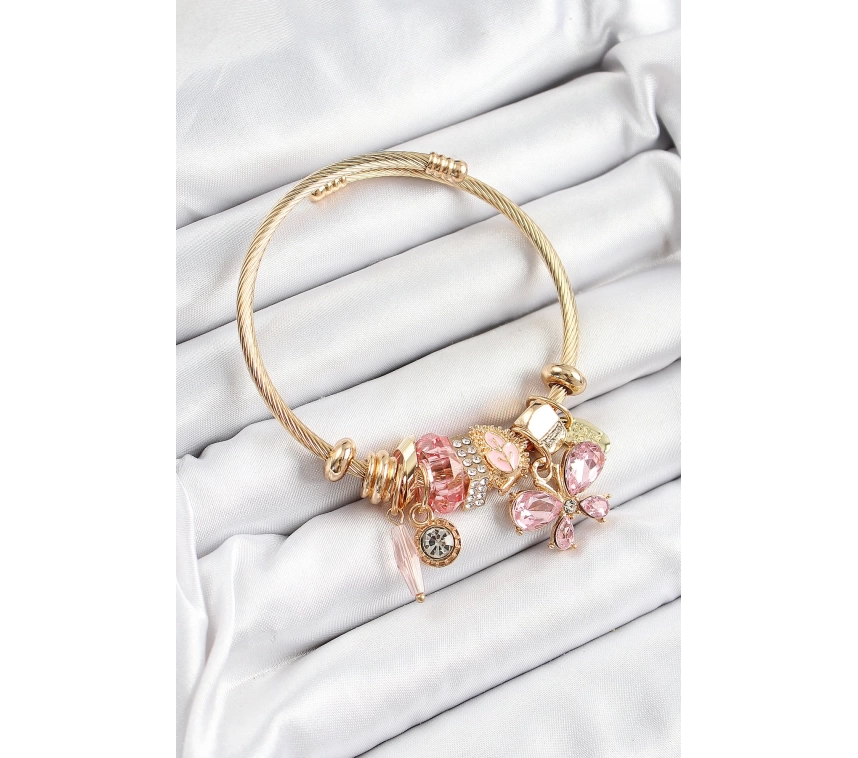 316L Çelik Pembe Zirkon Taşlı Kelebek Model Gold Renk Charm Bileklik