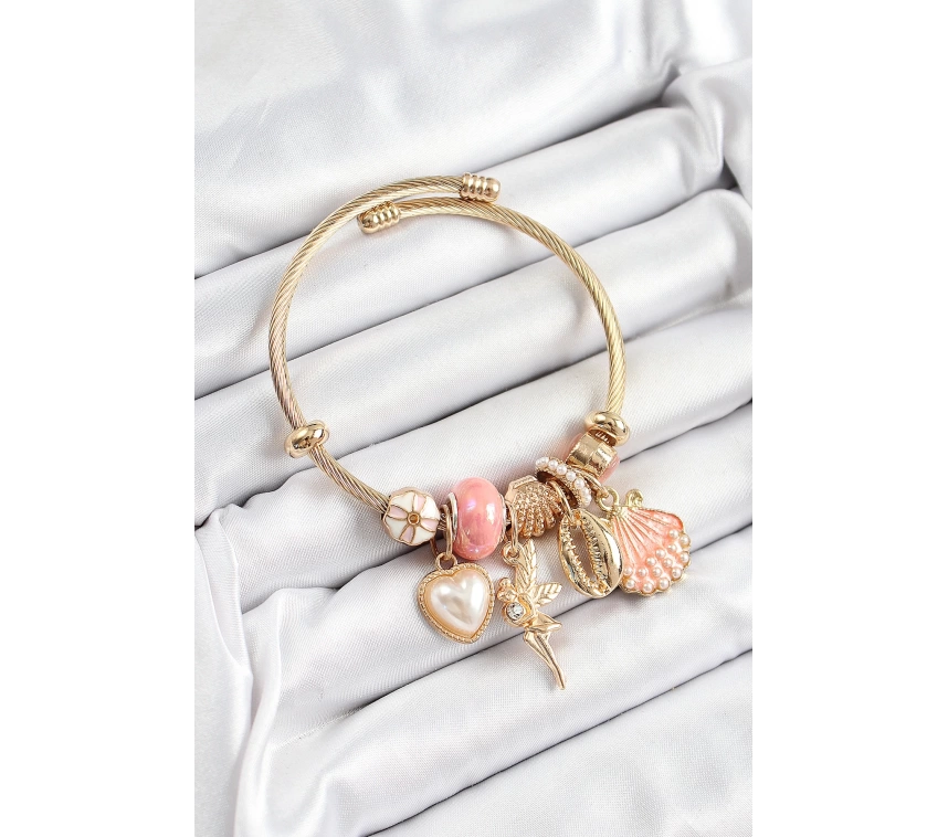 316L Çelik Pembe Zirkon Taşlı Yıldız Melek İstiridye Ve Kalp Model Gold Renk Charm Bileklik