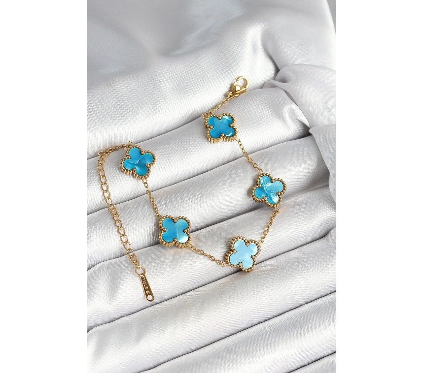 316L Çelik Sedefli Gökyüzü Mavisi Gold Renk Yonca Kadın Bileklik