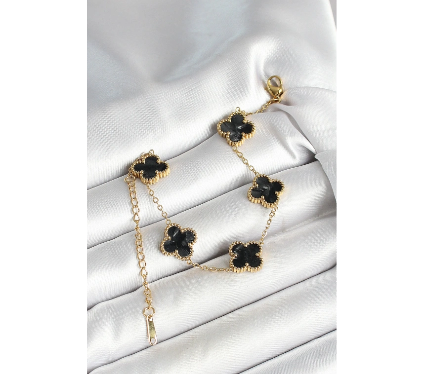 316L Çelik Sedefli Siyah Gold Renk Yonca Kadın Bileklik