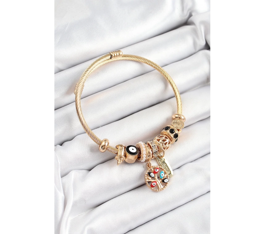 316L Çelik Siyah Nazarlı Zirkon Taşlı İnci Detaylı Hayat Ağacı Model Gold Renk Charm Bileklik