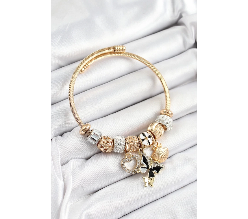 316L Çelik Siyah Zirkon Taşlı Kalp Kelebek Ve İstiridye Model Gold Renk Charm Bileklik