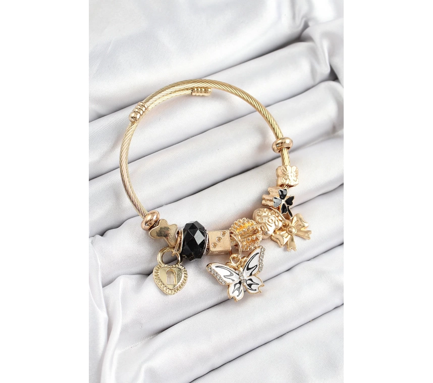 316L Çelik Siyah Zirkon Taşlı Kelebek Fiyonk Ve Kilit Model Gold Renk Charm Bileklik